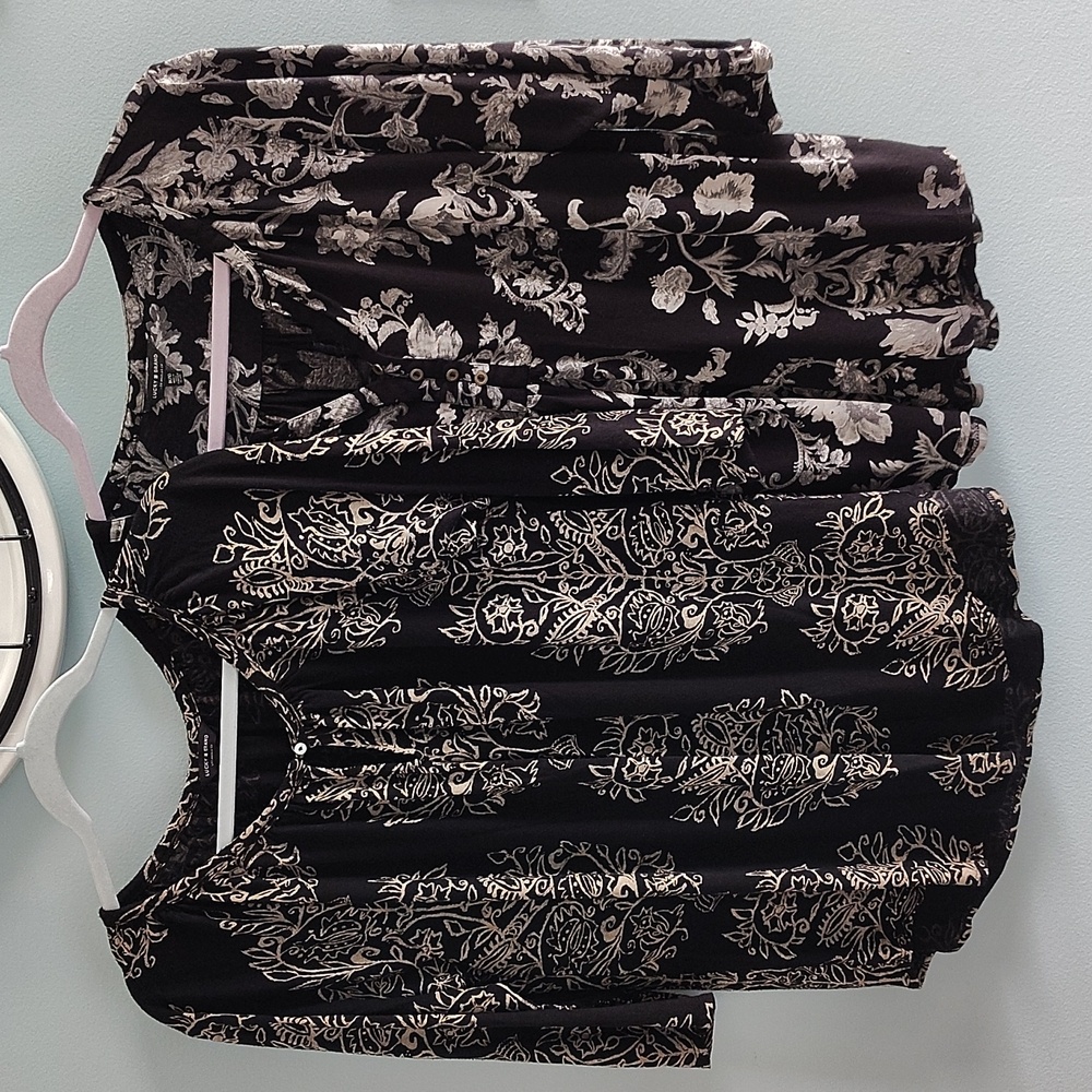 🍀 Set of 2 Lucky Brand Boho Blouses! Black Antique Flower Patterns. 1X
